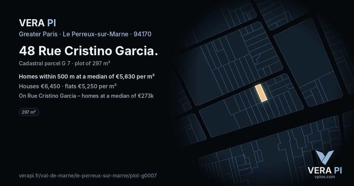 48 Rue Cristino Garcia, Le Perreux-sur-Marne at night – the plot lit, the parcels around coloured by the prices near them