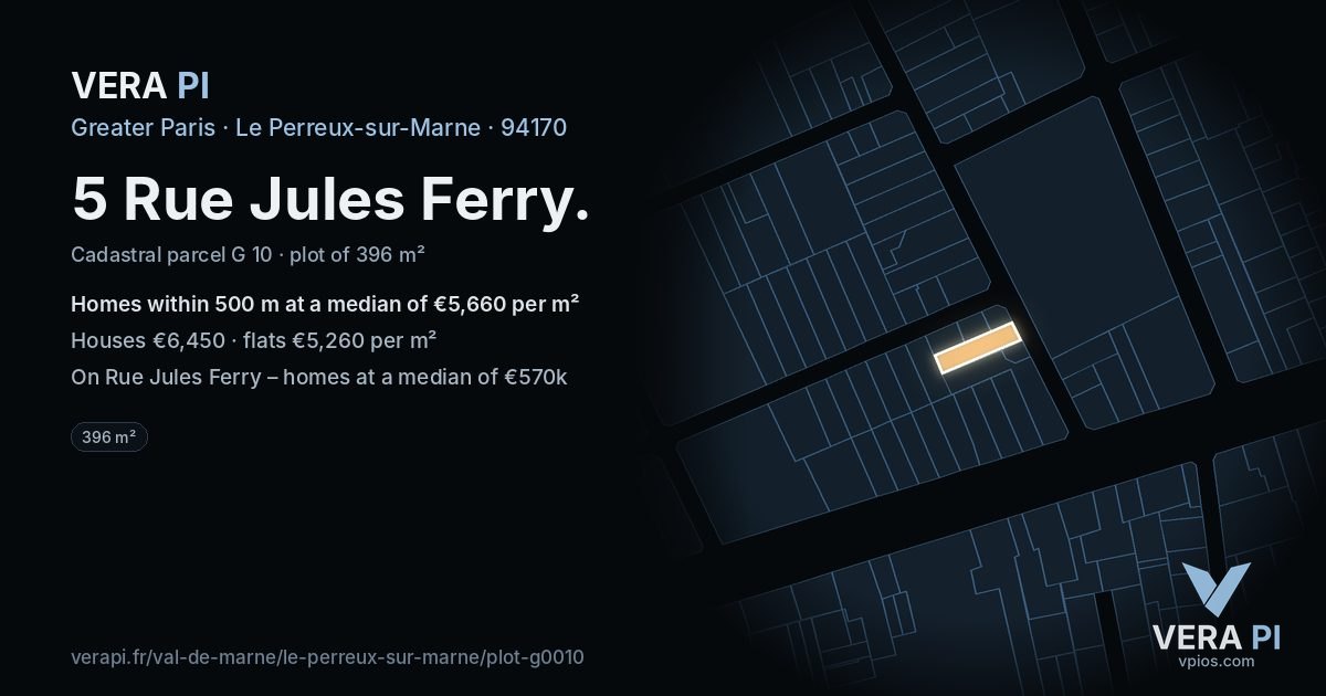 5 Rue Jules Ferry, Le Perreux-sur-Marne at night – the plot lit, the parcels around coloured by the prices near them