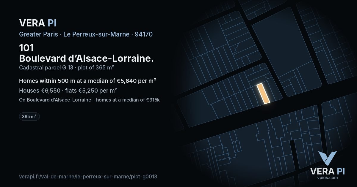 101 Boulevard d’Alsace-Lorraine, Le Perreux-sur-Marne at night – the plot lit, the parcels around coloured by the prices near them
