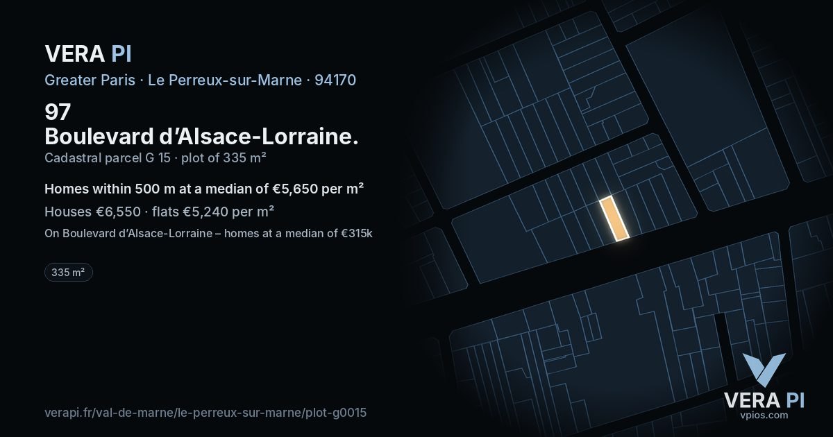 97 Boulevard d’Alsace-Lorraine, Le Perreux-sur-Marne at night – the plot lit, the parcels around coloured by the prices near them