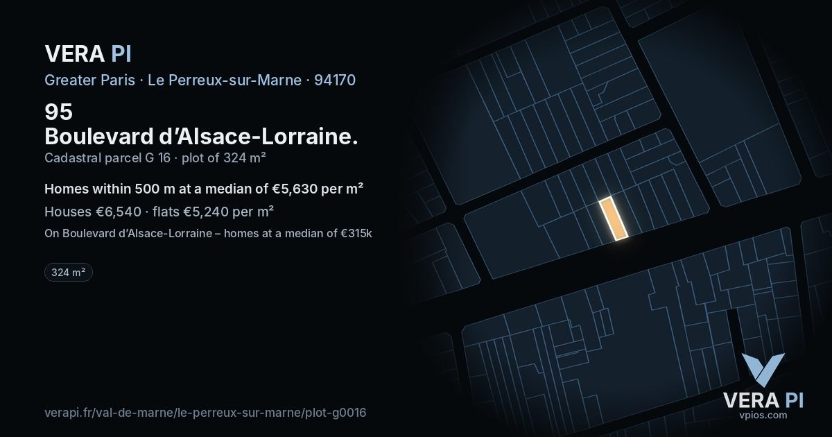 95 Boulevard d’Alsace-Lorraine, Le Perreux-sur-Marne at night – the plot lit, the parcels around coloured by the prices near them