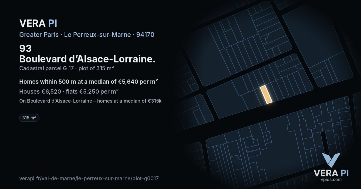 93 Boulevard d’Alsace-Lorraine, Le Perreux-sur-Marne at night – the plot lit, the parcels around coloured by the prices near them