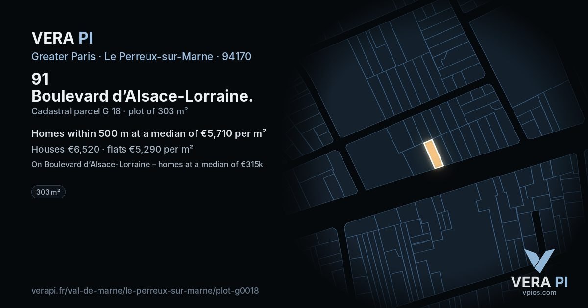 91 Boulevard d’Alsace-Lorraine, Le Perreux-sur-Marne at night – the plot lit, the parcels around coloured by the prices near them