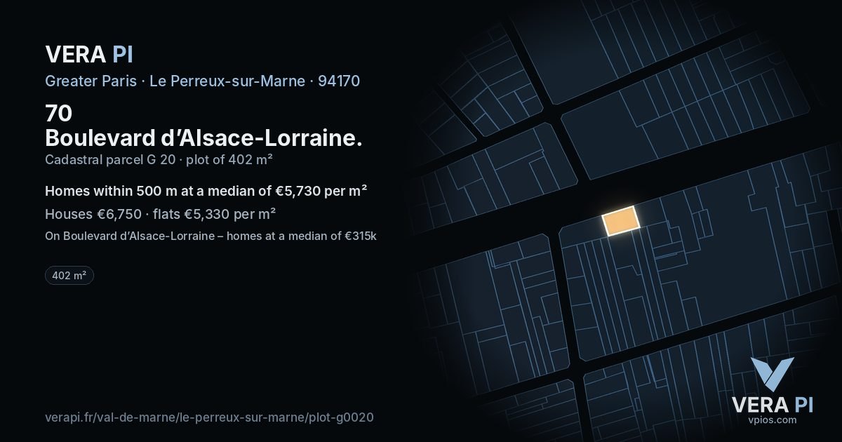 70 Boulevard d’Alsace-Lorraine, Le Perreux-sur-Marne at night – the plot lit, the parcels around coloured by the prices near them