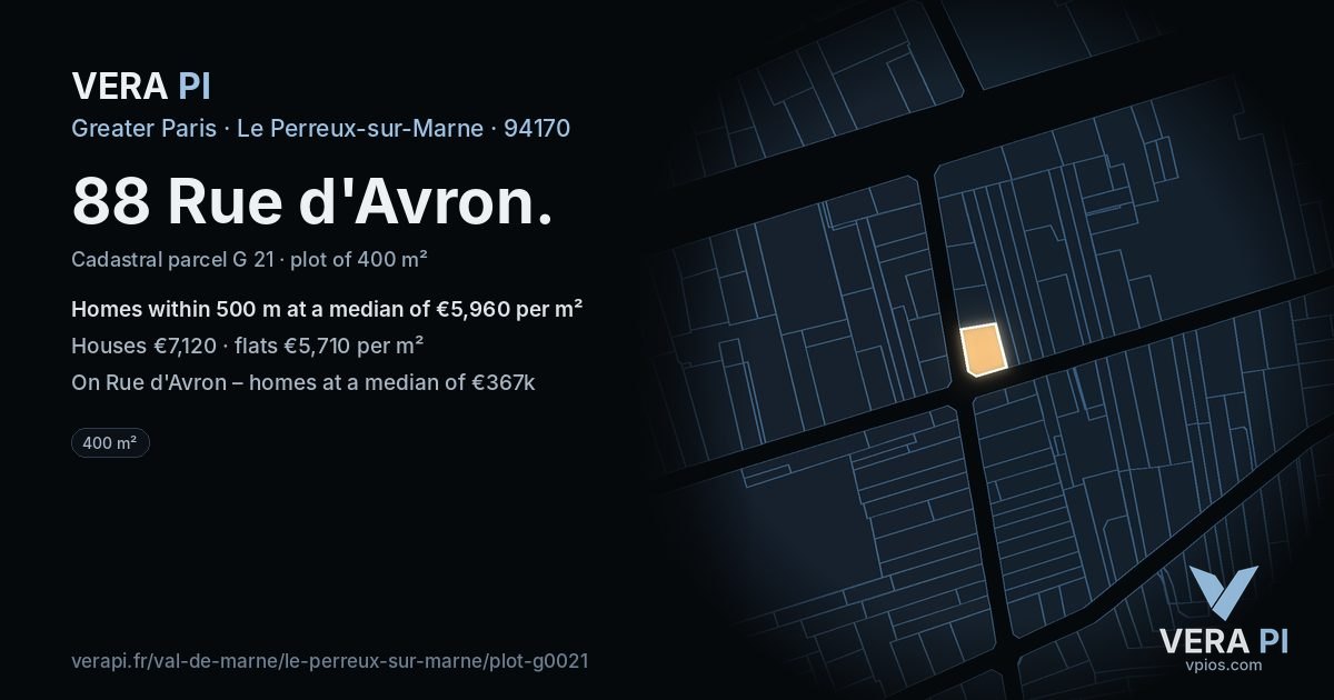 88 Rue d'Avron, Le Perreux-sur-Marne at night – the plot lit, the parcels around coloured by the prices near them