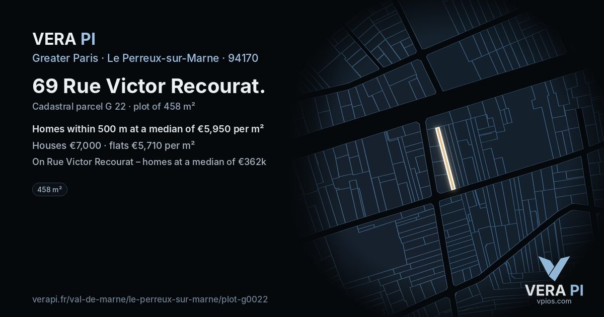 69 Rue Victor Recourat, Le Perreux-sur-Marne at night – the plot lit, the parcels around coloured by the prices near them