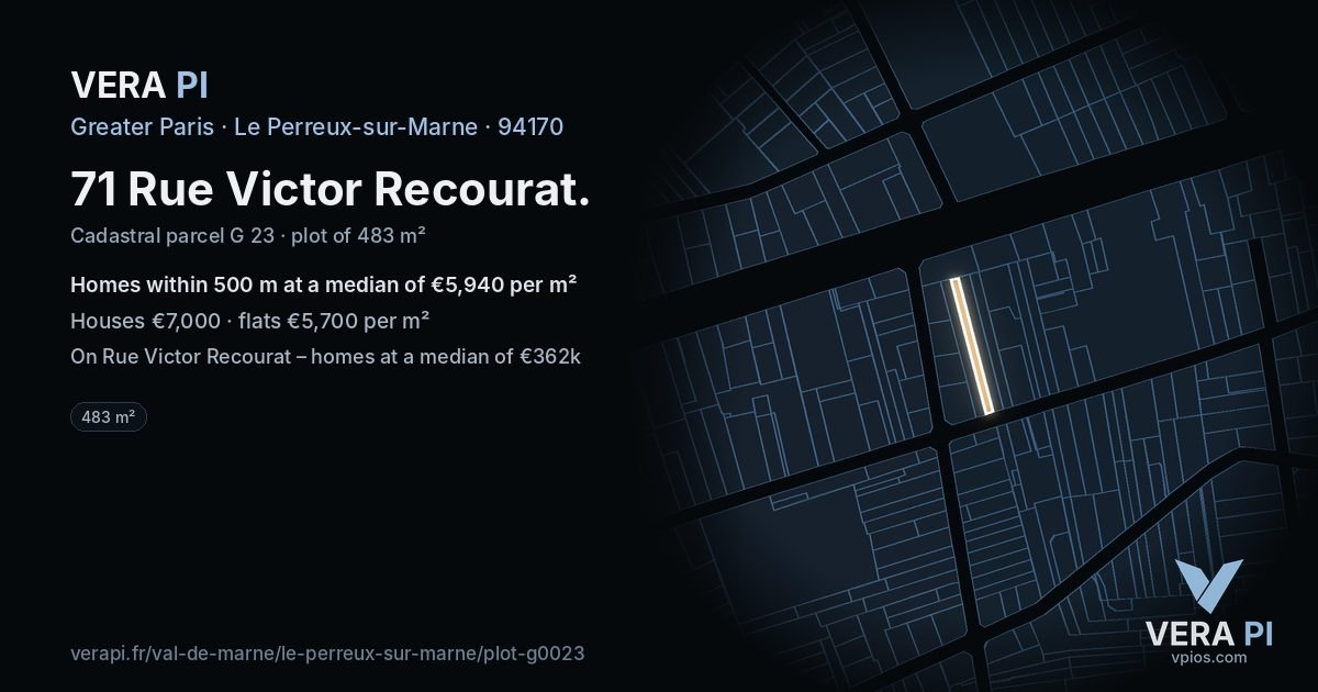 71 Rue Victor Recourat, Le Perreux-sur-Marne at night – the plot lit, the parcels around coloured by the prices near them