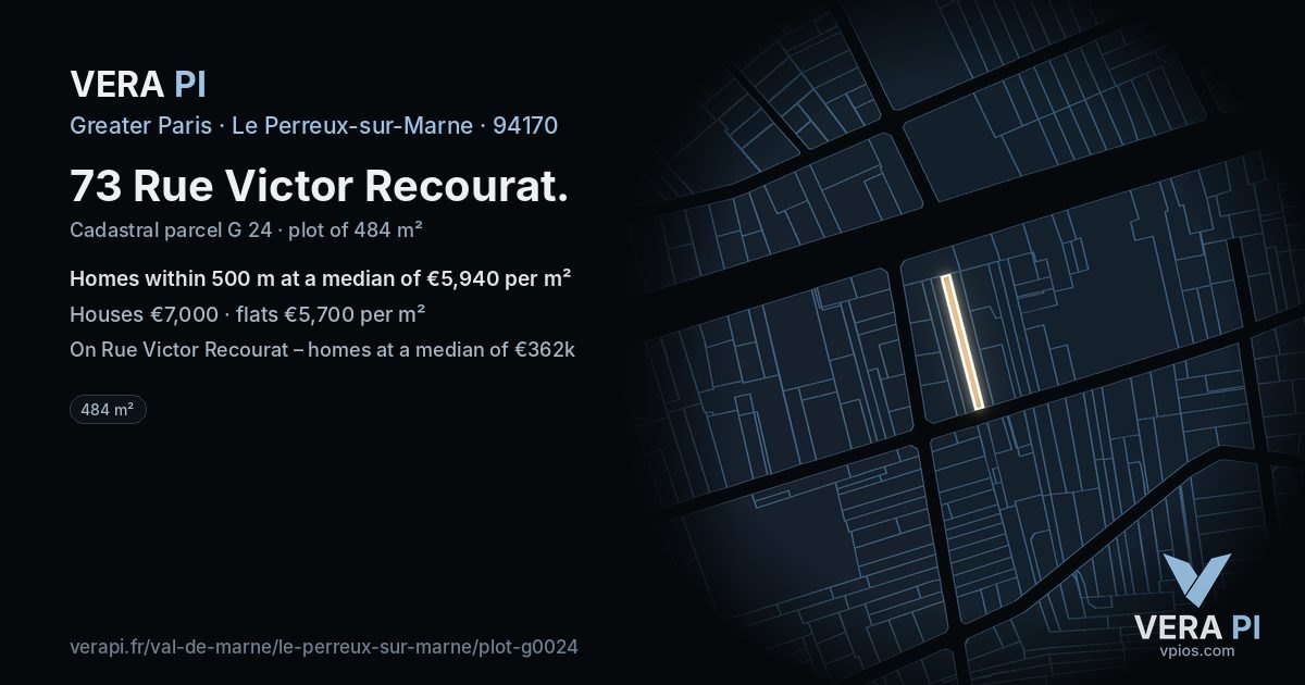 73 Rue Victor Recourat, Le Perreux-sur-Marne at night – the plot lit, the parcels around coloured by the prices near them