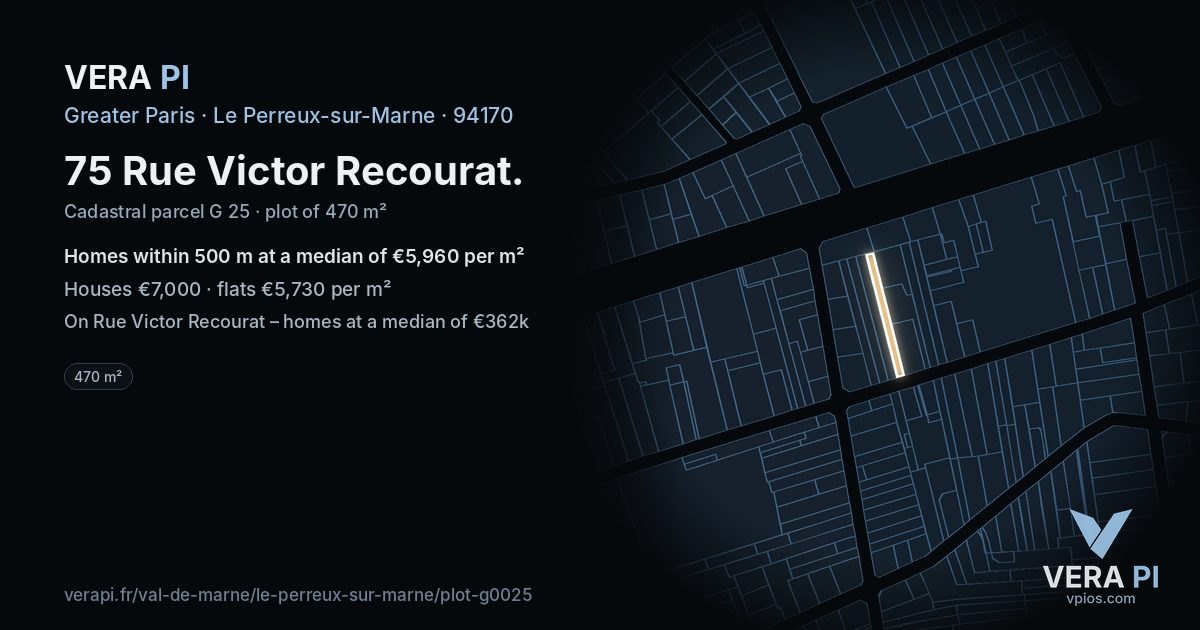75 Rue Victor Recourat, Le Perreux-sur-Marne at night – the plot lit, the parcels around coloured by the prices near them