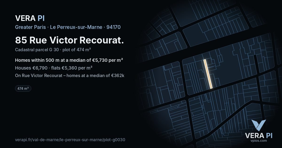 85 Rue Victor Recourat, Le Perreux-sur-Marne at night – the plot lit, the parcels around coloured by the prices near them