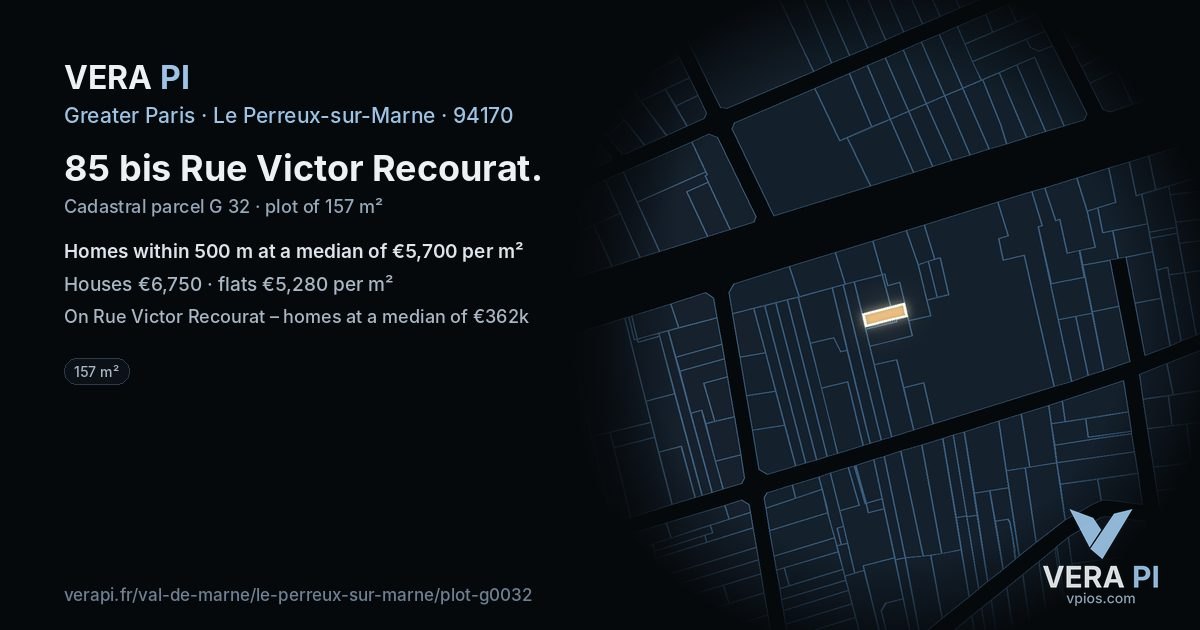 85 bis Rue Victor Recourat, Le Perreux-sur-Marne at night – the plot lit, the parcels around coloured by the prices near them
