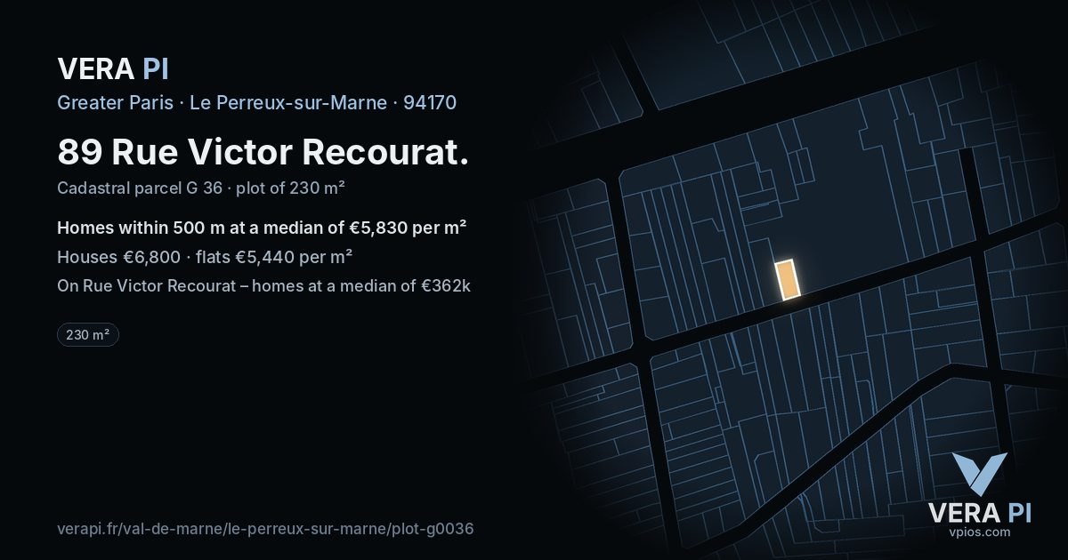89 Rue Victor Recourat, Le Perreux-sur-Marne at night – the plot lit, the parcels around coloured by the prices near them