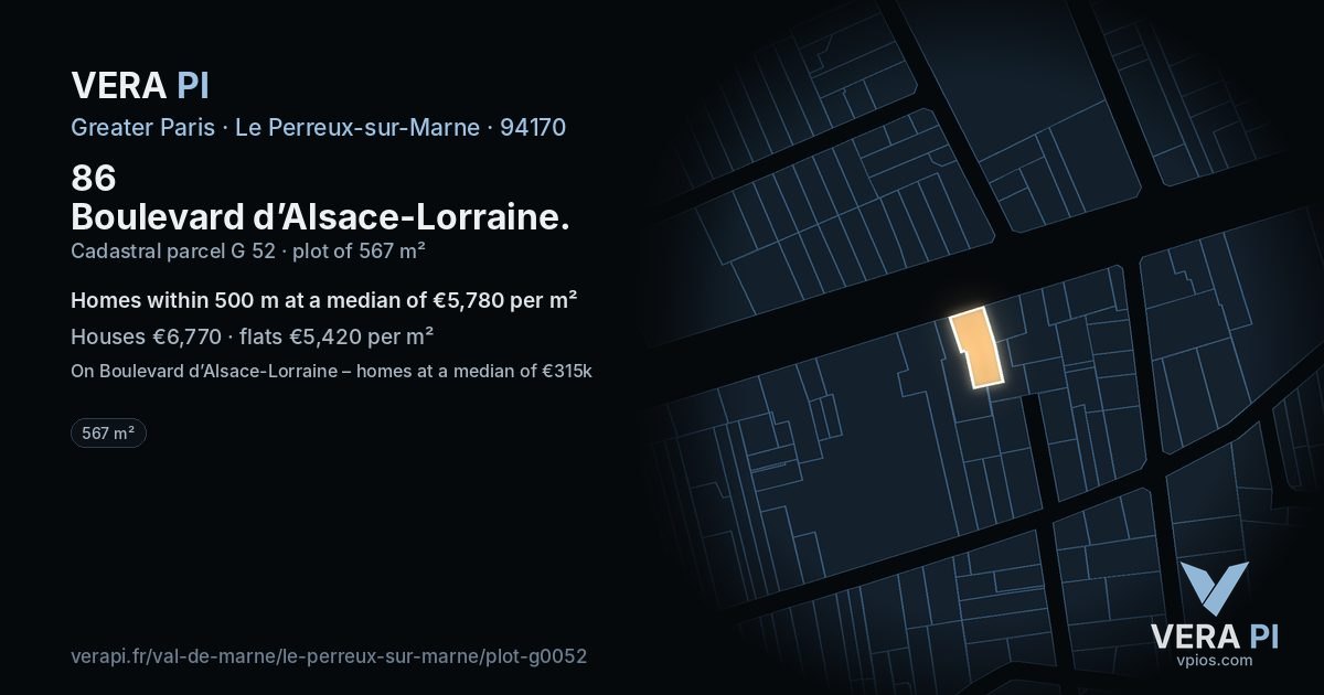 86 Boulevard d’Alsace-Lorraine, Le Perreux-sur-Marne at night – the plot lit, the parcels around coloured by the prices near them