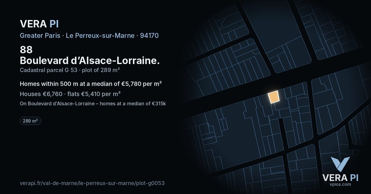 88 Boulevard d’Alsace-Lorraine, Le Perreux-sur-Marne at night – the plot lit, the parcels around coloured by the prices near them