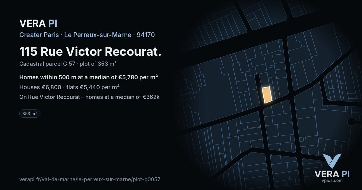 115 Rue Victor Recourat, Le Perreux-sur-Marne at night – the plot lit, the parcels around coloured by the prices near them