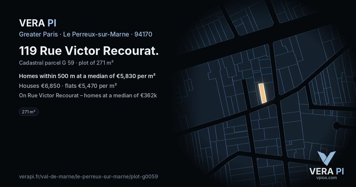 119 Rue Victor Recourat, Le Perreux-sur-Marne at night – the plot lit, the parcels around coloured by the prices near them