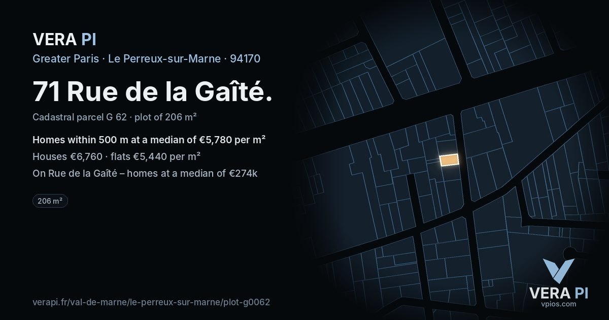 71 Rue de la Gaîté, Le Perreux-sur-Marne at night – the plot lit, the parcels around coloured by the prices near them