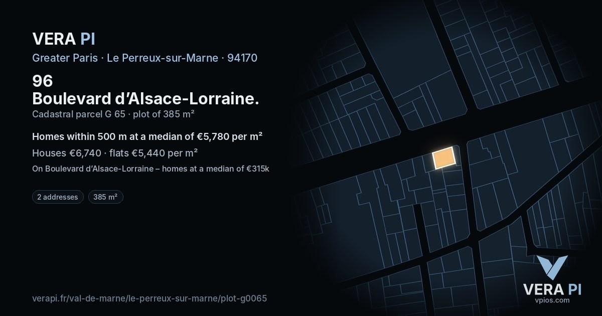 96 Boulevard d’Alsace-Lorraine, Le Perreux-sur-Marne at night – the plot lit, the parcels around coloured by the prices near them