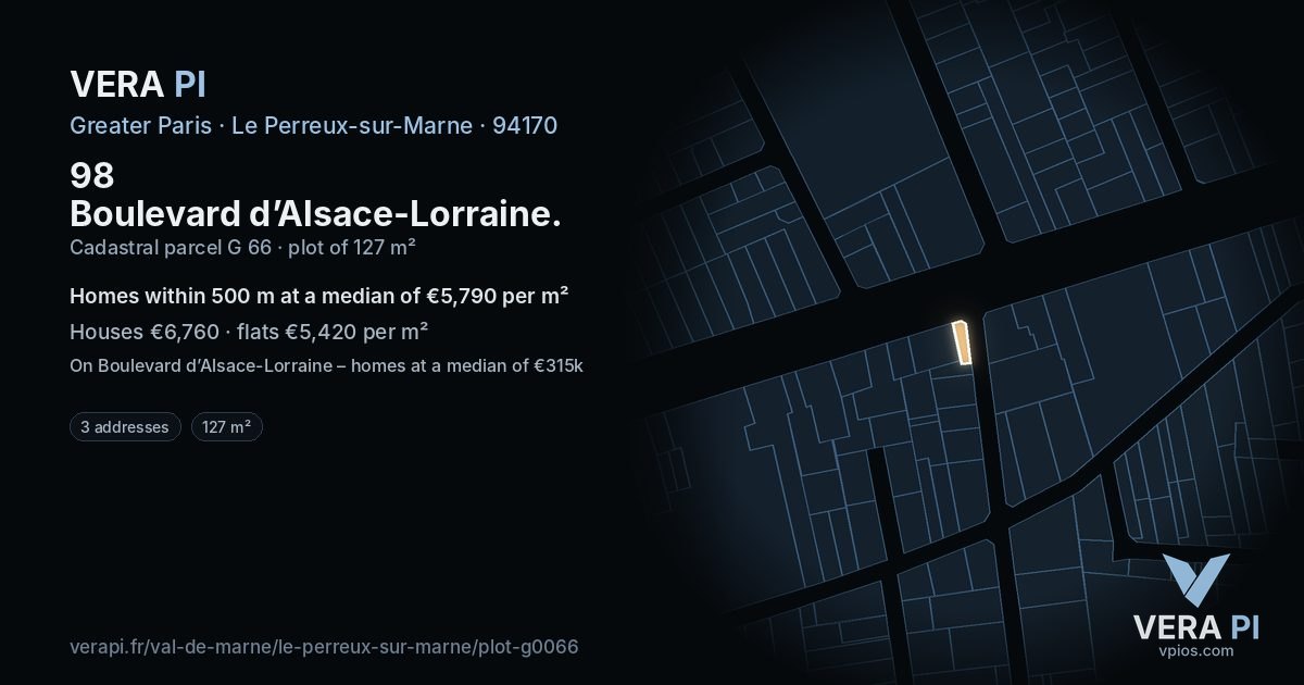 98 Boulevard d’Alsace-Lorraine, Le Perreux-sur-Marne at night – the plot lit, the parcels around coloured by the prices near them