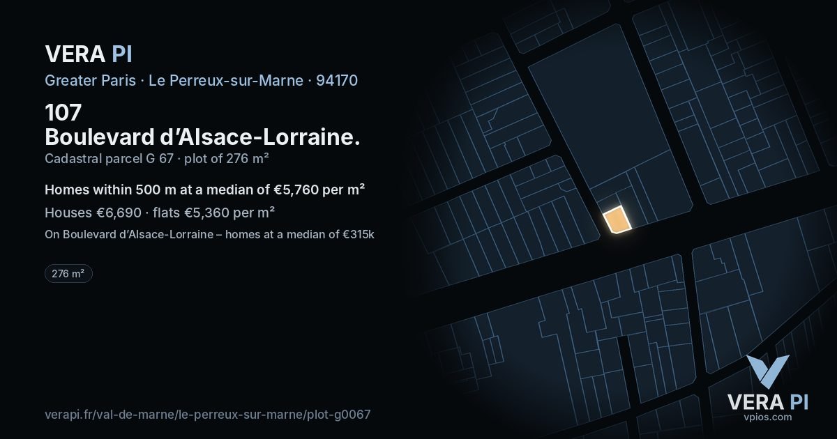 107 Boulevard d’Alsace-Lorraine, Le Perreux-sur-Marne at night – the plot lit, the parcels around coloured by the prices near them