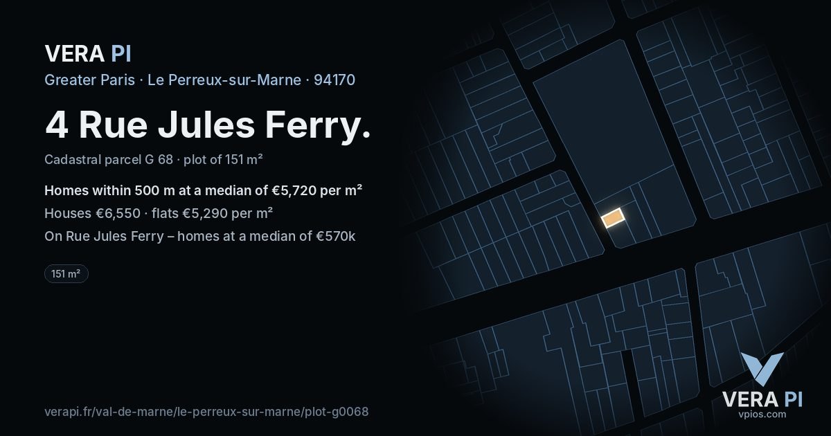 4 Rue Jules Ferry, Le Perreux-sur-Marne at night – the plot lit, the parcels around coloured by the prices near them