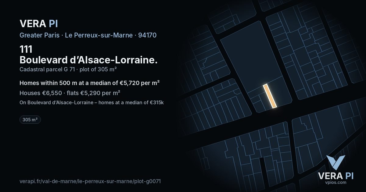111 Boulevard d’Alsace-Lorraine, Le Perreux-sur-Marne at night – the plot lit, the parcels around coloured by the prices near them