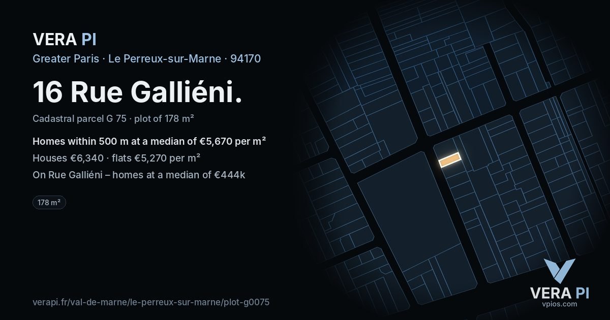 16 Rue Galliéni, Le Perreux-sur-Marne at night – the plot lit, the parcels around coloured by the prices near them
