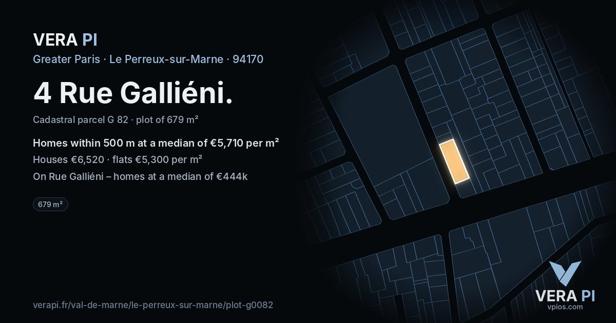 4 Rue Galliéni, Le Perreux-sur-Marne at night – the plot lit, the parcels around coloured by the prices near them