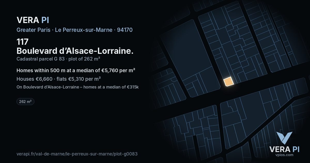 117 Boulevard d’Alsace-Lorraine, Le Perreux-sur-Marne at night – the plot lit, the parcels around coloured by the prices near them