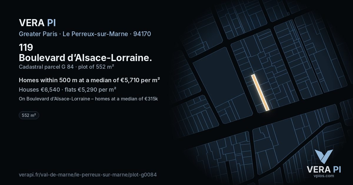 119 Boulevard d’Alsace-Lorraine, Le Perreux-sur-Marne at night – the plot lit, the parcels around coloured by the prices near them