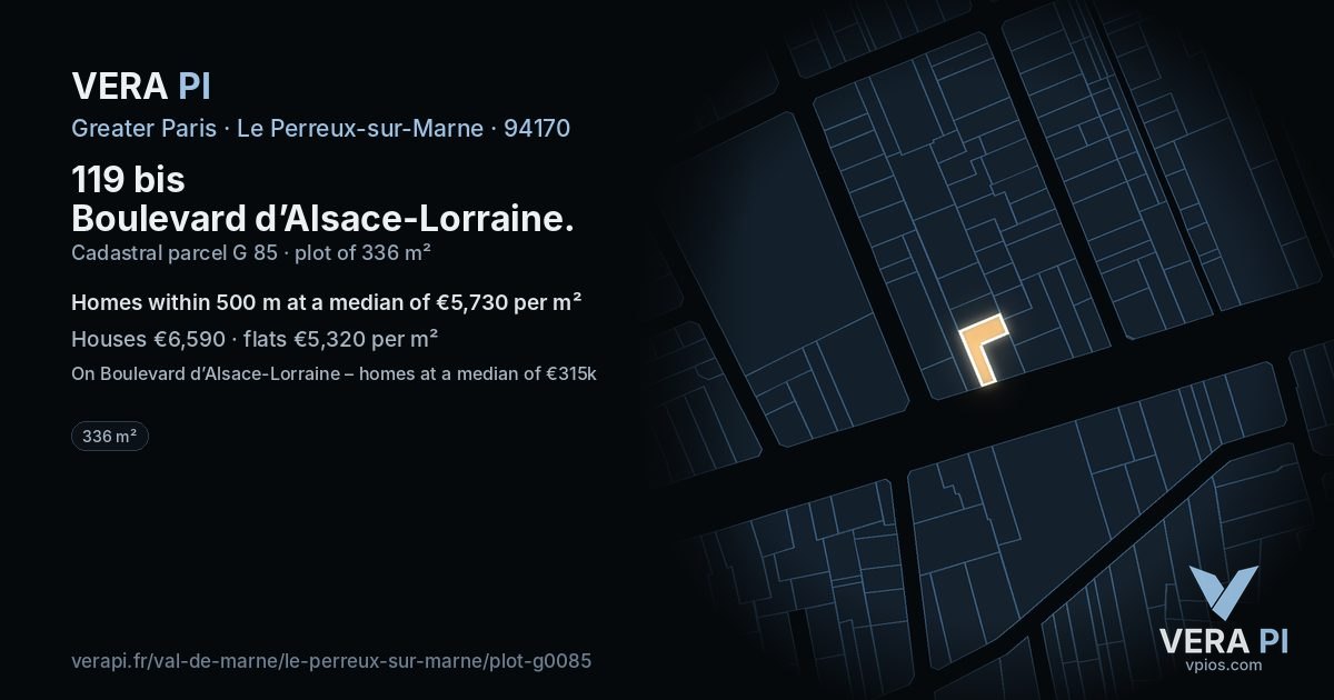 119 bis Boulevard d’Alsace-Lorraine, Le Perreux-sur-Marne at night – the plot lit, the parcels around coloured by the prices near them
