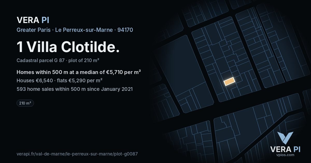 1 Villa Clotilde, Le Perreux-sur-Marne at night – the plot lit, the parcels around coloured by the prices near them