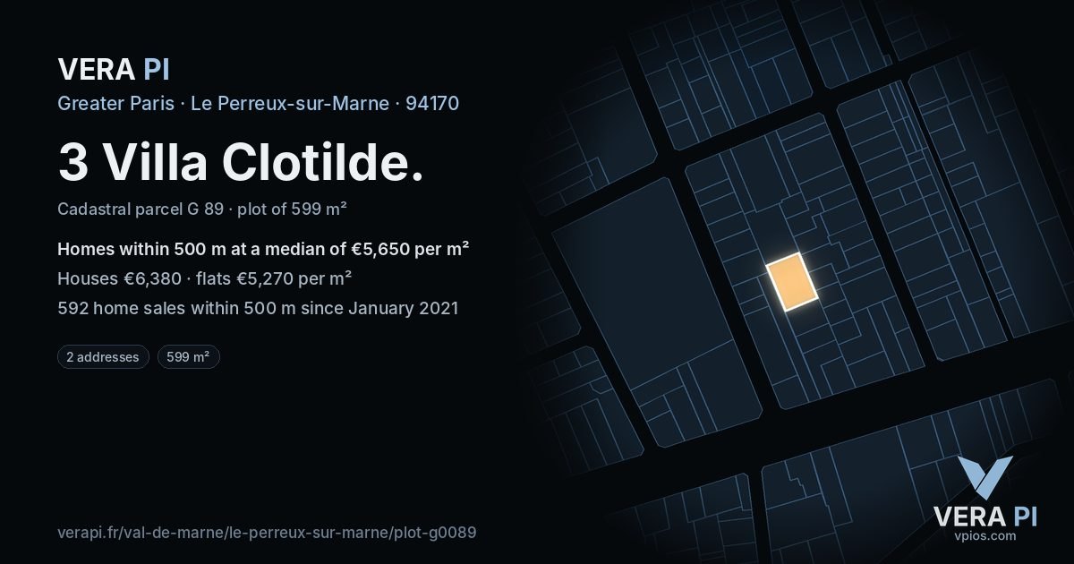 3 Villa Clotilde, Le Perreux-sur-Marne at night – the plot lit, the parcels around coloured by the prices near them