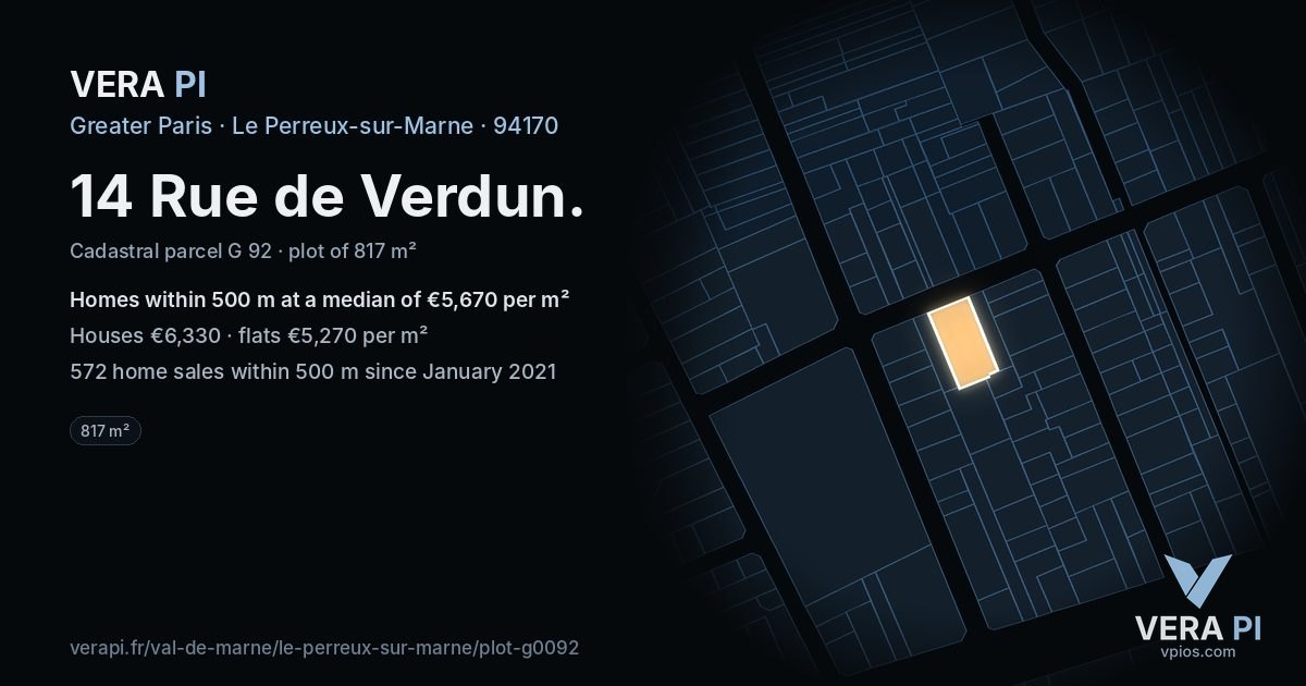 14 Rue de Verdun, Le Perreux-sur-Marne at night – the plot lit, the parcels around coloured by the prices near them