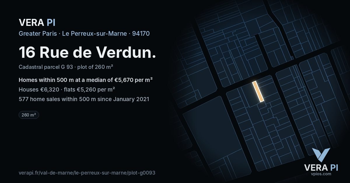 16 Rue de Verdun, Le Perreux-sur-Marne at night – the plot lit, the parcels around coloured by the prices near them
