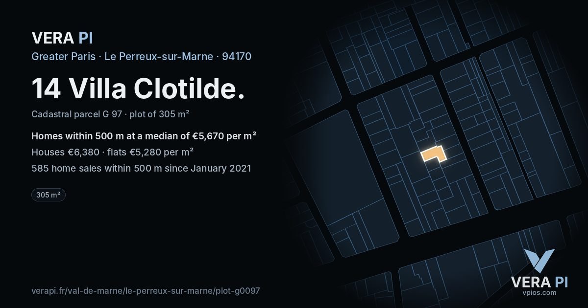 14 Villa Clotilde, Le Perreux-sur-Marne at night – the plot lit, the parcels around coloured by the prices near them