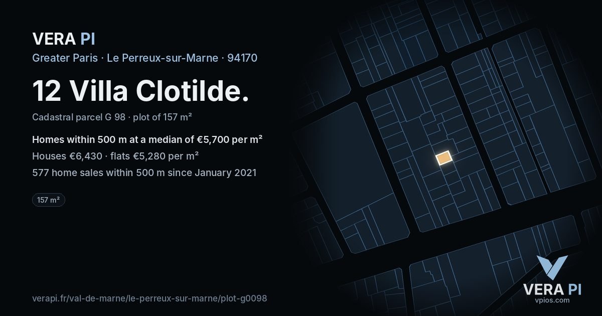 12 Villa Clotilde, Le Perreux-sur-Marne at night – the plot lit, the parcels around coloured by the prices near them