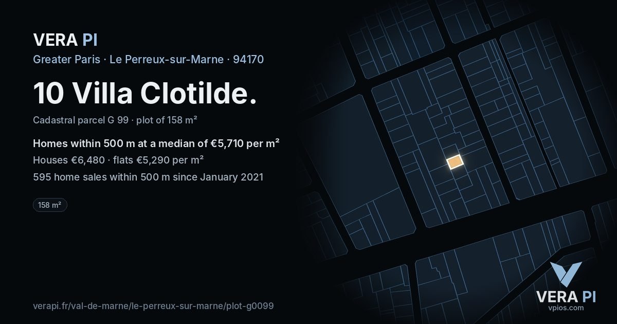 10 Villa Clotilde, Le Perreux-sur-Marne at night – the plot lit, the parcels around coloured by the prices near them