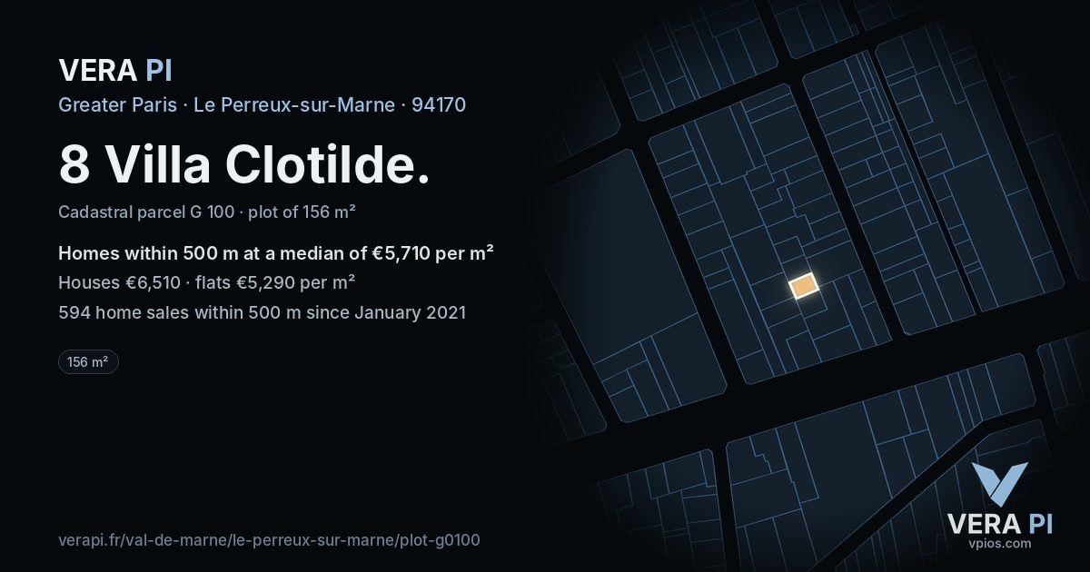 8 Villa Clotilde, Le Perreux-sur-Marne at night – the plot lit, the parcels around coloured by the prices near them