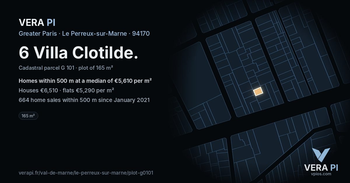 6 Villa Clotilde, Le Perreux-sur-Marne at night – the plot lit, the parcels around coloured by the prices near them