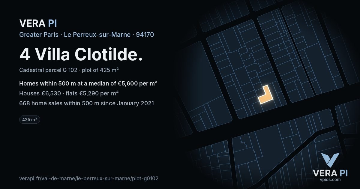 4 Villa Clotilde, Le Perreux-sur-Marne at night – the plot lit, the parcels around coloured by the prices near them