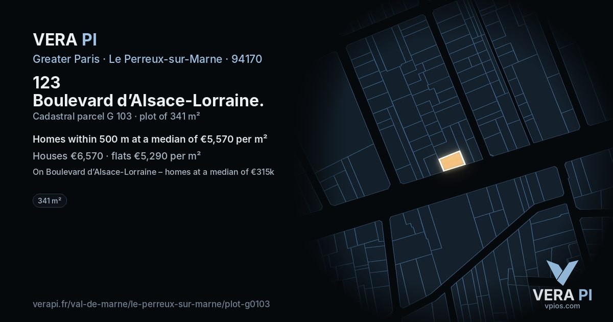 123 Boulevard d’Alsace-Lorraine, Le Perreux-sur-Marne at night – the plot lit, the parcels around coloured by the prices near them