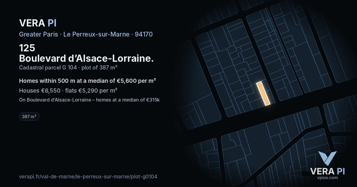 125 Boulevard d’Alsace-Lorraine, Le Perreux-sur-Marne at night – the plot lit, the parcels around coloured by the prices near them