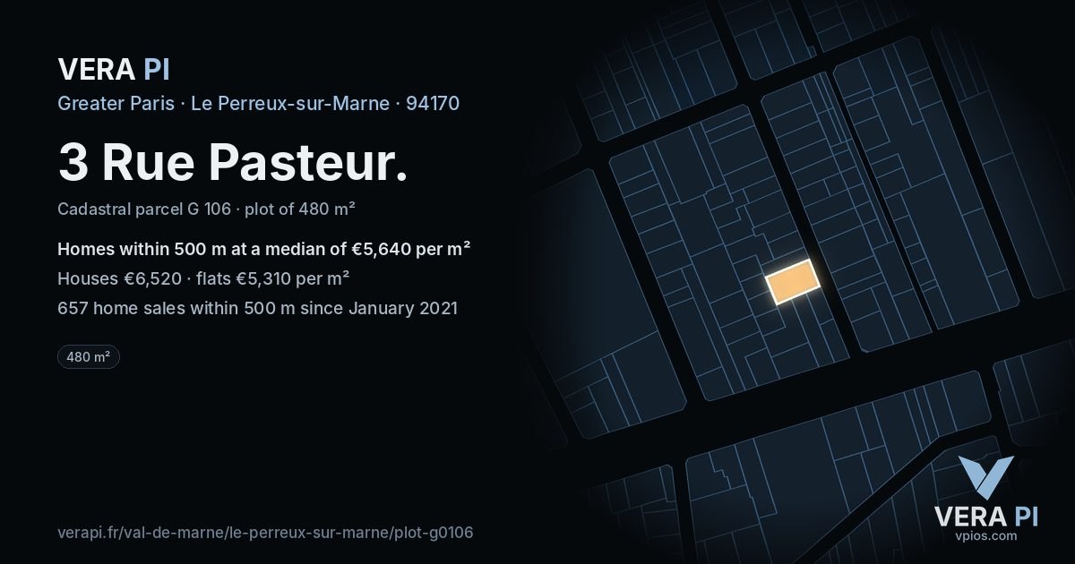 3 Rue Pasteur, Le Perreux-sur-Marne at night – the plot lit, the parcels around coloured by the prices near them