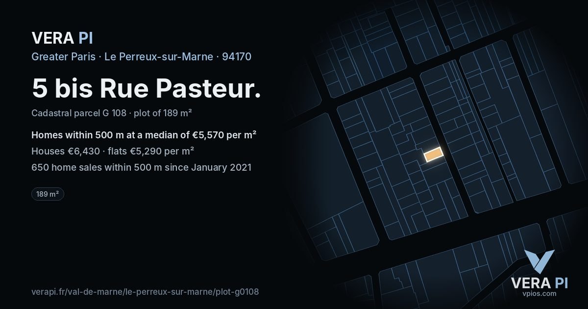 5 bis Rue Pasteur, Le Perreux-sur-Marne at night – the plot lit, the parcels around coloured by the prices near them