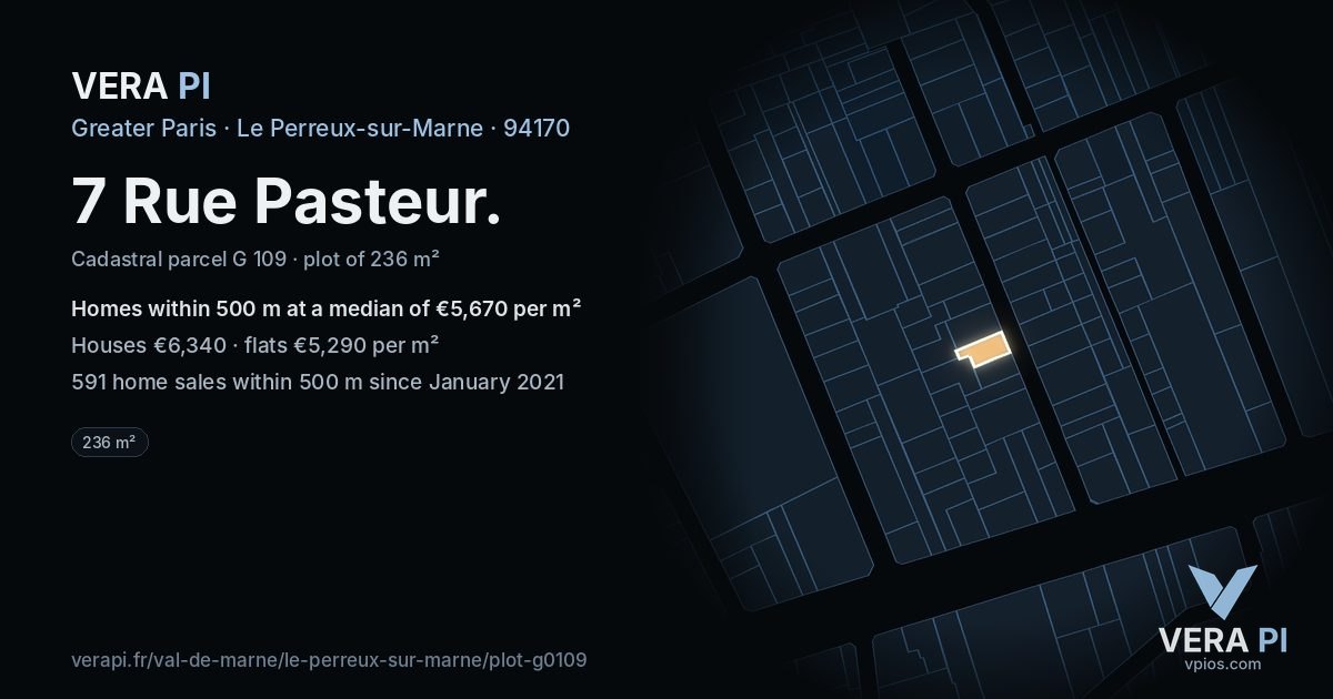 7 Rue Pasteur, Le Perreux-sur-Marne at night – the plot lit, the parcels around coloured by the prices near them