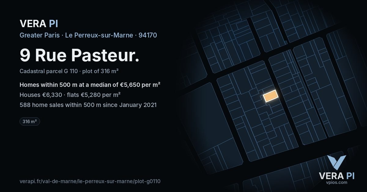 9 Rue Pasteur, Le Perreux-sur-Marne at night – the plot lit, the parcels around coloured by the prices near them