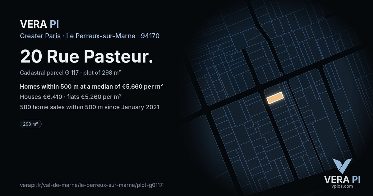 20 Rue Pasteur, Le Perreux-sur-Marne at night – the plot lit, the parcels around coloured by the prices near them