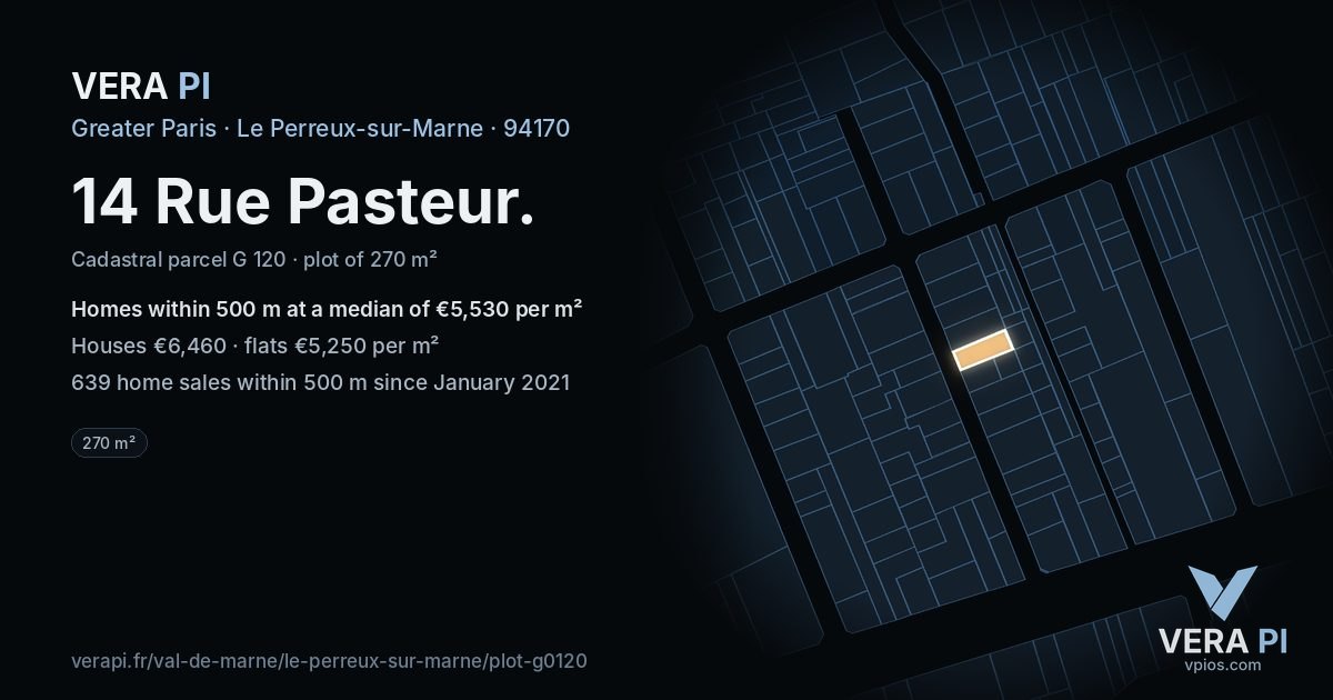 14 Rue Pasteur, Le Perreux-sur-Marne at night – the plot lit, the parcels around coloured by the prices near them