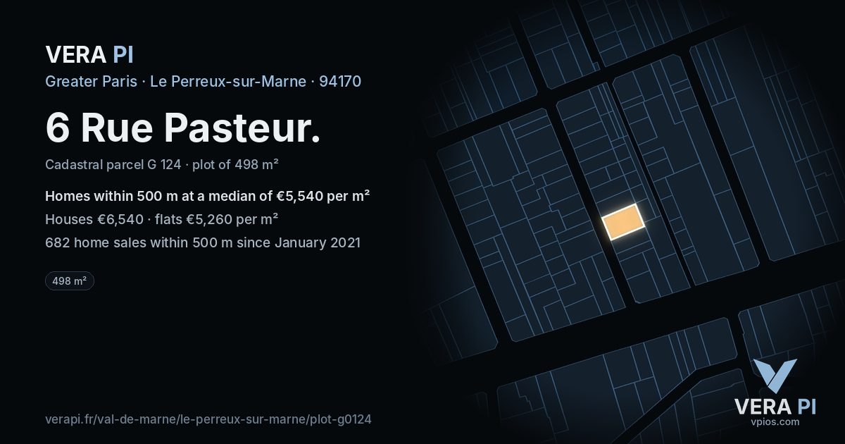 6 Rue Pasteur, Le Perreux-sur-Marne at night – the plot lit, the parcels around coloured by the prices near them